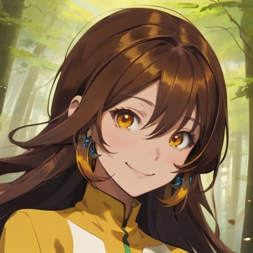 Prompt: Beautiful avatar portrait anime woman smiling brown hair tan complexion yellow top by forest