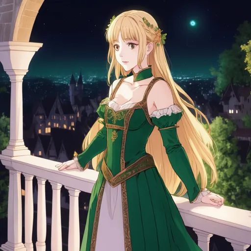 Prompt: Beautiful anime woman blonde, wearing green Medieval dress, standing on a balcony overlooking fairy garden at night  