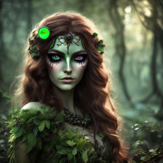 Prompt: Beautiful dryad woman, red wavy hair, green Medieval dress, green eye make-up, large false eye lashes, forest background, Unreal Engine, fantasy