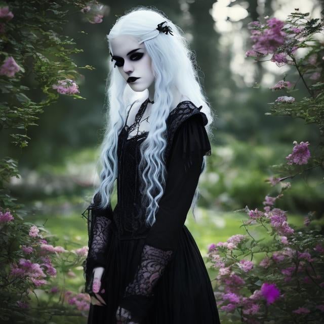 Prompt: Portrait of a pretty goth teenaged girl with white hair in a haunted garden