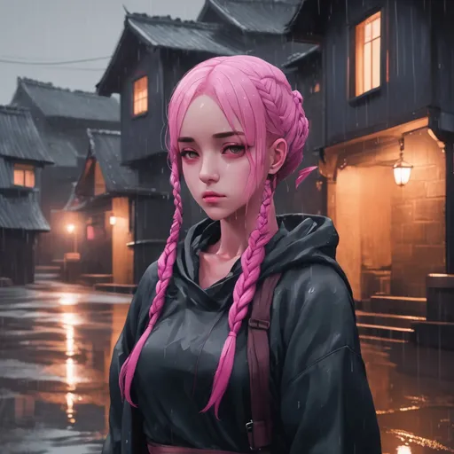 Prompt: Pink hair braid girl in a rainy village, Dreamcore, Dark Academia, 