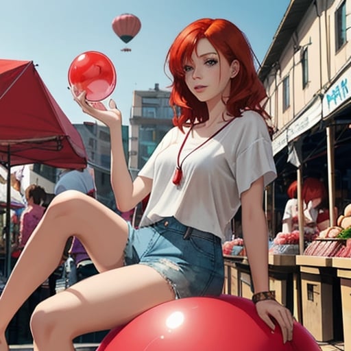 Prompt: Woman red hair in casual Spring clothes sitting on a floating balloon above a market 