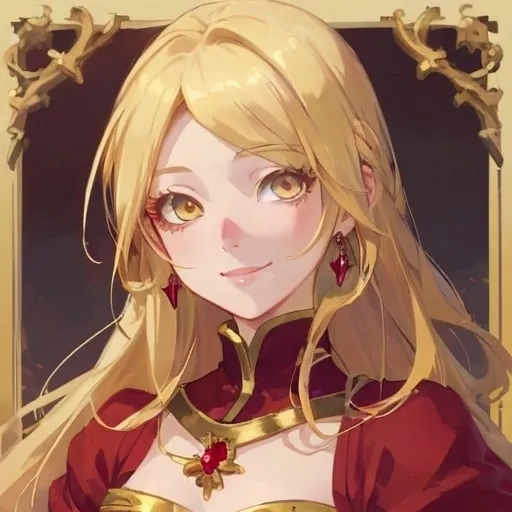 Prompt: Avatar portrait of a beautiful anime woman blonde hair smiling hazel eyes wearing Medieval dress ruby jewels