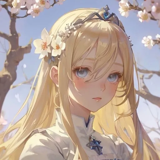 Prompt: Beautiful avatar portrait anime woman blonde hair blossoms tiara Medieval white dress by Spring trees