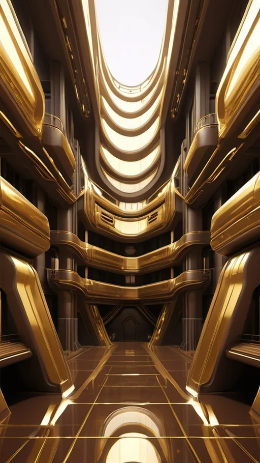 Prompt: brown metallic gold hall city of future