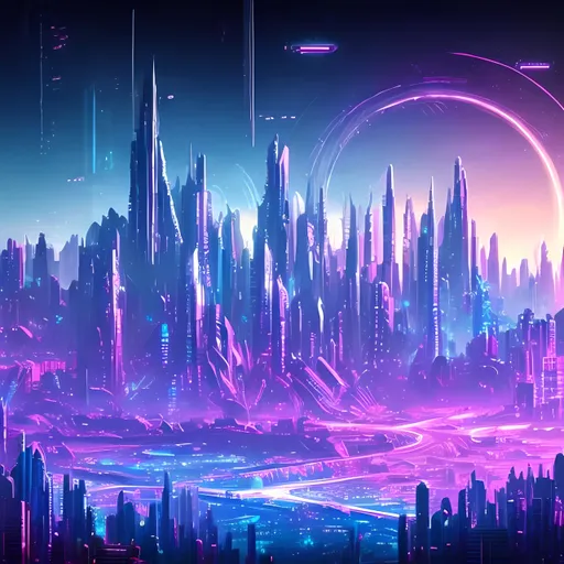Prompt: Futuristic cyberpunk style landscape with a huge city and mountains in the background, in the iridescent blue night sky full of stars there are two pink moons combining with the nuances in blue and pink tones of the moonlight and the city skyscrapers and buildings yellow/white tones from the lights