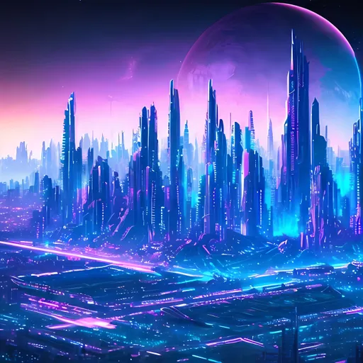 Prompt: Futuristic cyberpunk style landscape with a huge city and mountains in the background, in the iridescent blue night sky full of stars there are two pink moons combining with the nuances in blue and pink tones of the moonlight and the city skyscrapers and buildings yellow/white tones from the lights
