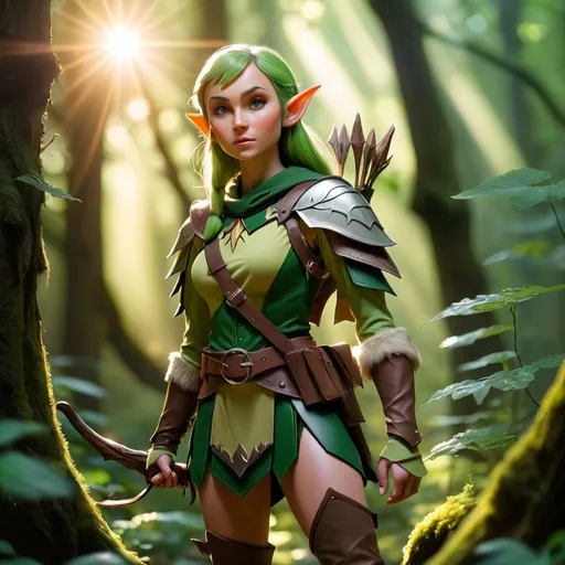 Prompt: Elf ranger in a mystical forest around sunlight