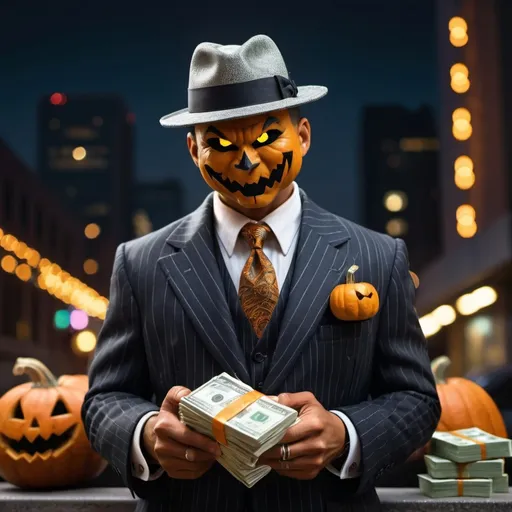 Prompt: Gangster pumpkin man with money