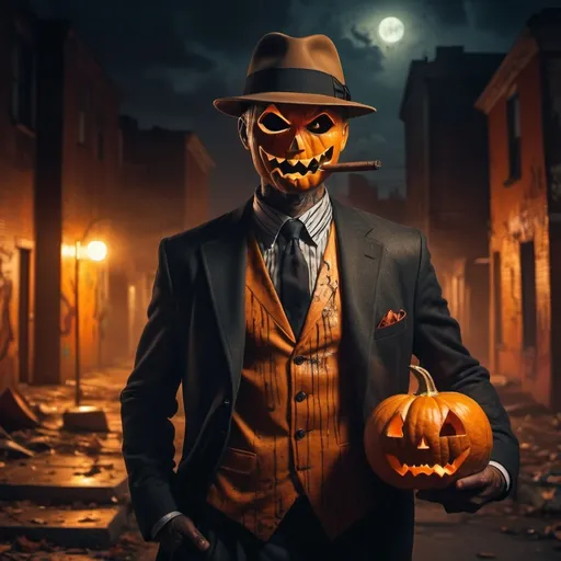 Prompt: Gangster pumpkin man 