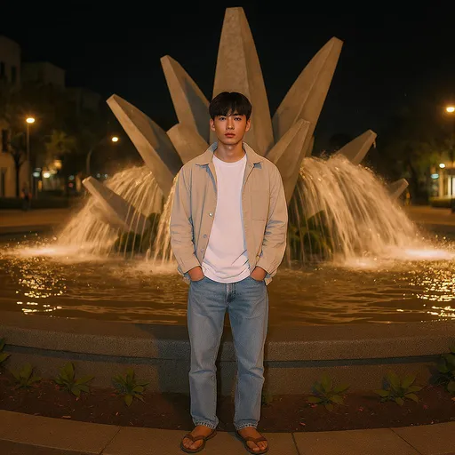 Prompt: Under the soft glow of urban lights, a young man stands near a modern fountain adorned with sculptural elements, surrounded by a vibrant nighttime ambiance. He wears a casual white shirt under a light jacket, paired with blue jeans and sandals, his expression serious yet contemplative as he gazes directly into the camera. The water cascades gently in the background, contrasting with the geometric patterns of the fountain's design, while low-growing plants peek from the soil at his feet, adding a touch of greenery to the urban setting. The scene conveys a blend of tranquility and urban life, highlighting both the individual and the serene beauty of the setting.