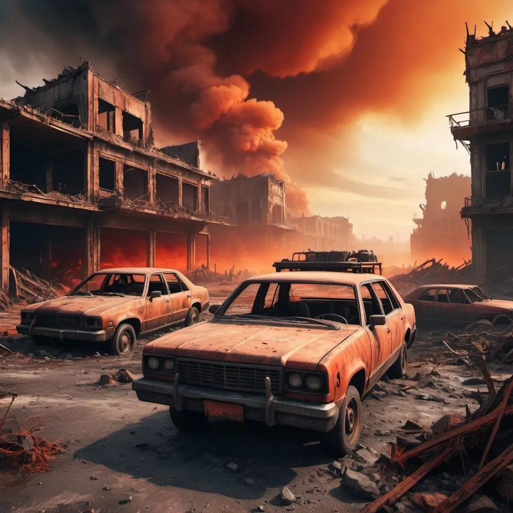 Prompt: Apocalyptic scene of a desolate wasteland, fiery orange and red tones, crumbling ruins, heavy smoke and ash, decaying vehicles, detailed post-apocalyptic environment, intense and dramatic, high quality, 4k, ultra-detailed, realistic, post-apocalyptic, fiery tones, dramatic lighting, desolate wasteland, crumbling ruins, intense atmosphere