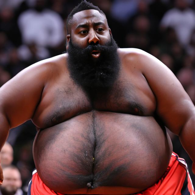 Prompt: Extremely overweight, chubby & Fat 950+ pound James Harden with his belly ripping through his shirt.