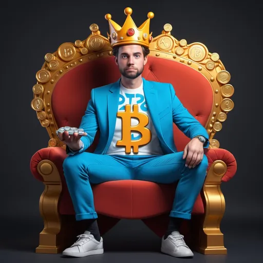 Prompt: Disney-style A man wearing a crown and sitting on a throne with a bitcoin pill in his hand