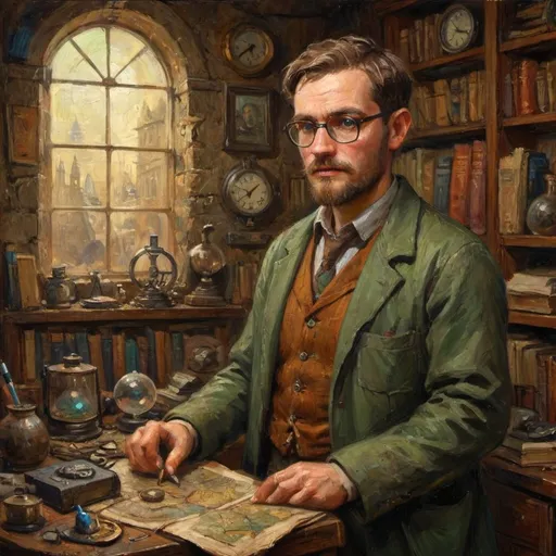 Prompt: (vibrant, dynamic character design) an Irish 1920s 35 year old archaeologist, (distinctive clothing with a period style), holding ancient artifacts, wearing glasses, (fascinated expression), surrounded by strange scientific gadgets, (dimly lit, mysterious atmosphere), rich textures in details, old maps, dusty books, cluttered workspace, (warm color tones), (ultra-detailed, high quality).