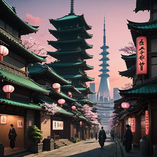 Prompt: A sprawling, futuristic cityscape that blends traditional Japanese Edo-period architecture with advanced, cyberpunk technology. The skyline is dominated by towering skyscrapers with sleek, reflective surfaces, and digital billboards, some adorned with curved, pagoda-style roofs and wooden accents. At the ground level, narrow streets wind through bustling traditional districts with wooden buildings, paper lanterns, and shoji screens, surrounded by modern neon lights and holographic advertisements.

Massive fortified walls and energy barriers encircle the city, with towering defense towers equipped with heavy weaponry and mech hangars. Elevated maglev trains zip between buildings, while small hovercrafts and drones fly overhead. The city is dotted with ancient temples and shrines, nestled within serene, green gardens that offer a stark contrast to the high-tech surroundings.

In the distance, a colossal sakura tree with glowing, pink blossoms stands at the heart of a spiritual district, its roots intertwining with modern infrastructure. The entire scene is bathed in the soft, warm light of a setting sun, casting long shadows and reflecting off the glass and metal of the city, creating a blend of old and new, tradition and innovation.