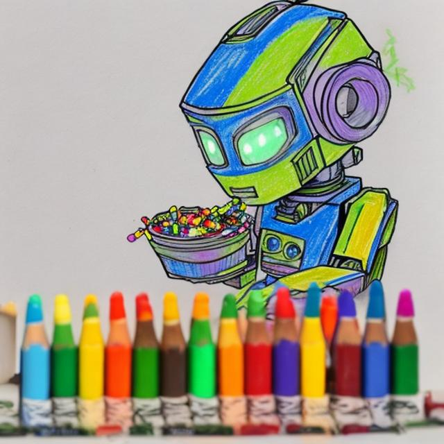 Prompt:  a simple drawing of a robot eating crayons. The robot should be cute and there should be crayon marks on the robots face