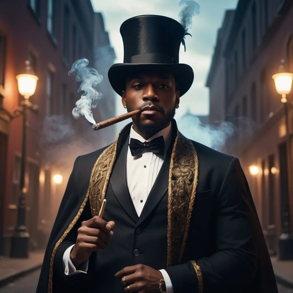 Prompt: (dramatic character portrait), (black man with a stylish top hat and majestic cape), holding a luxurious trident, smoking a cigar, confident expression, rich colors, cinematic lighting, striking details, fantasy vibe, urban backdrop, high-quality 4K, captivating atmosphere, adding an air of sophistication and strength.