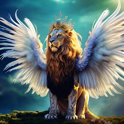 Prompt: Sun, solar, king lion with a majestic mane and feathered wings on body, detailed fur, intense gaze, regal and powerful, wearing crown, earth theme, rich and vibrant colors, grand atmosphere, noble and authoritative, has wings, realistic, high quality photo, royal, detailed wing feathers, majestic crown, authoritative lighting
