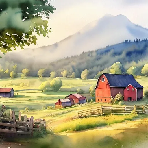 Prompt: Watercolor landscape of a rural scene, red barn, cabin, tractor, winding road, lush greenery, traditional watercolor painting, detailed brushstrokes, vibrant colors, scenic countryside, charming vintage feel, high quality, scenic, traditional watercolor, detailed foliage, rustic charm, vibrant colors, peaceful setting, atmospheric lighting