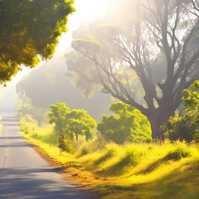 Prompt: Country road with trees hanging over the road. Dirt Walking path on the right side of road.
