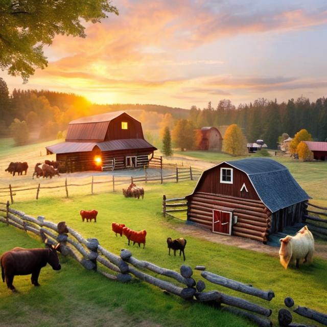 Prompt: Rustic cabin with barn and farm animals. Sunset on the left.