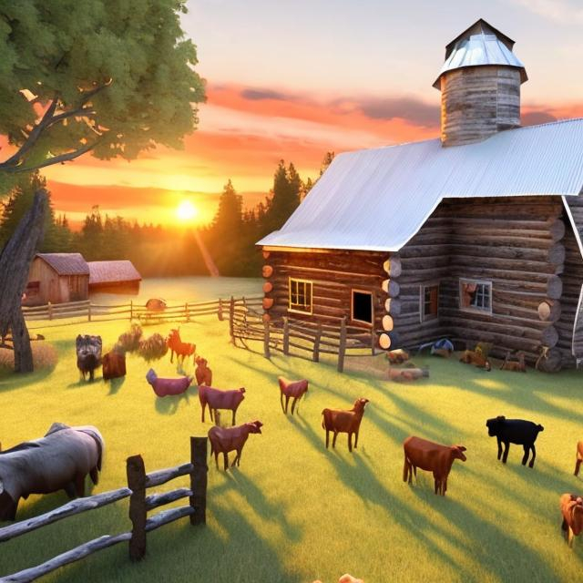 Prompt: Rustic cabin with barn and farm animals. Sunset on the left.