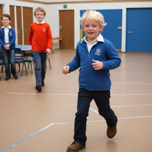 Prompt: Afbeelding: James staat trots voor een schoolgebouw met een bord waarop staat "James Peters - Winnaar van de School Programmeerwedstrijd".

Beschrijving: Volgend jaar heeft James zijn passie voor programmeren verder ontwikkeld. Hij heeft deelgenomen aan programmeerwedstrijden en heeft zelfs een aantal prijzen gewonnen. Hij is vastbesloten om zijn vaardigheden te blijven verbeteren

 James is blond en 16 jaar oud
