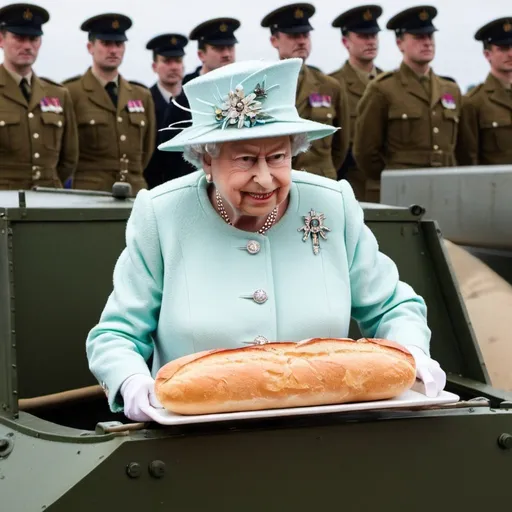 Prompt: queen elizabeth in a tank holding a baguette


