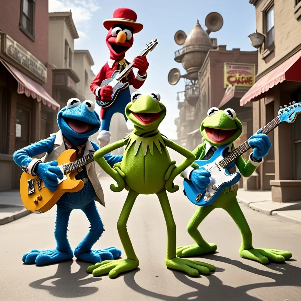 Prompt: kermit the frog in a gang whit buzz lightyear , mickey mouse and cookie monster , they all have guns
