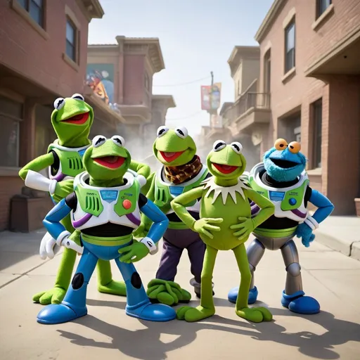 Prompt: kermit the frog in a gang whit buzz lightyear , mickey mouse and cookie monster , they all have guns 