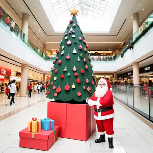 Prompt: Make a Christmas festival concept idea at shopping mall include big lucky draw box , Christmas tree and one big Santa with standing