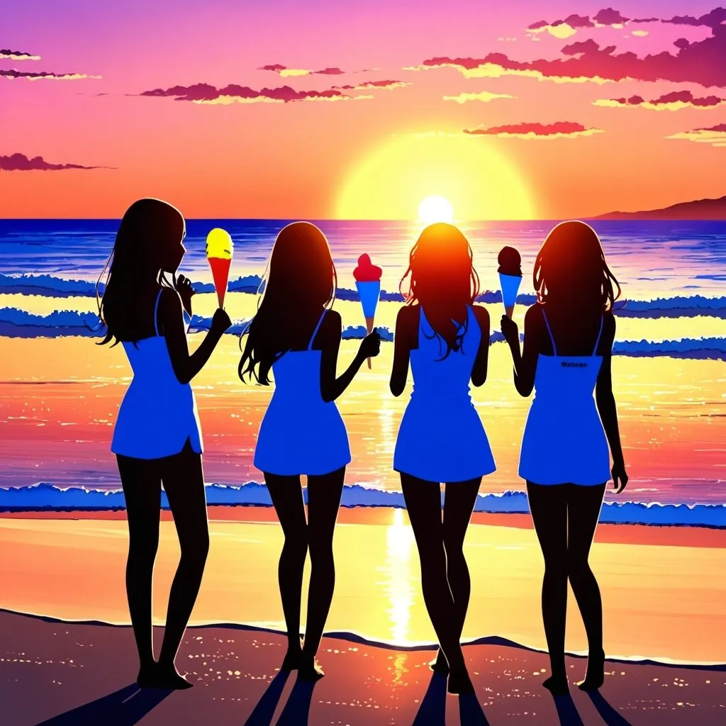 Prompt: Four girls on the beach with ice cream, beautiful sunset, bright colors