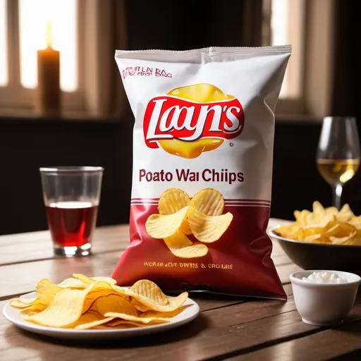 Prompt: Open bag of potato chips  , ear wax flavour, back lit, photo-realistic, set on a romantic dinner table