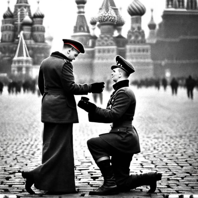 Prompt: A young russian soldier proposes to his 22 year old girlfriend in Red Square 1944