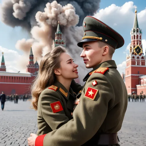 Prompt: Photo realistic of a young Russian soldier proposing in Red Square, 1944, detailed military uniform, emotional expression, happy tears, civilian girlfriend in 22 years old, historically accurate fashion, prominent Red Square architecture, nuclear explosion cloud background, World War 2 tank in midground, 