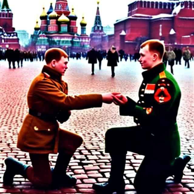 Prompt: A young russian soldier proposes to his 22 year old civilian girlfriend in Red Square 1944 - Colour. Behind red square is a nuclear mushroom cloud