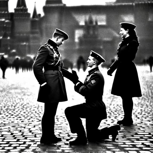 Prompt: A young russian soldier proposes to his 22 year old girlfriend in Red Square 1944