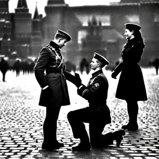 Prompt: A young russian soldier proposes to his 22 year old girlfriend in Red Square 1944