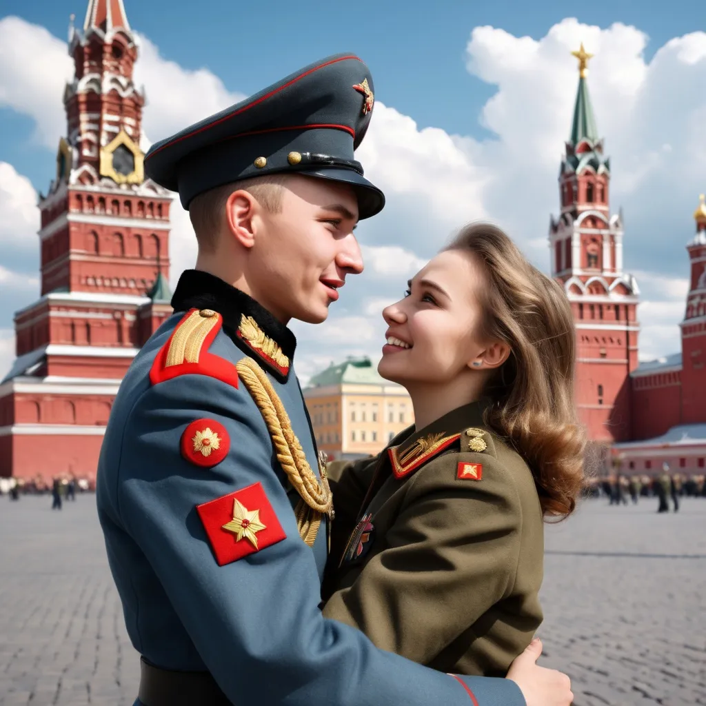 Prompt: Photo realistic of a young Russian soldier proposing in Red Square, 1944, detailed military uniform, emotional expression, happy tears, civilian girlfriend in 22 years old, historically accurate fashion, prominent Red Square architecture, nuclear explosion cloud background, World War 2 tank in midground, 