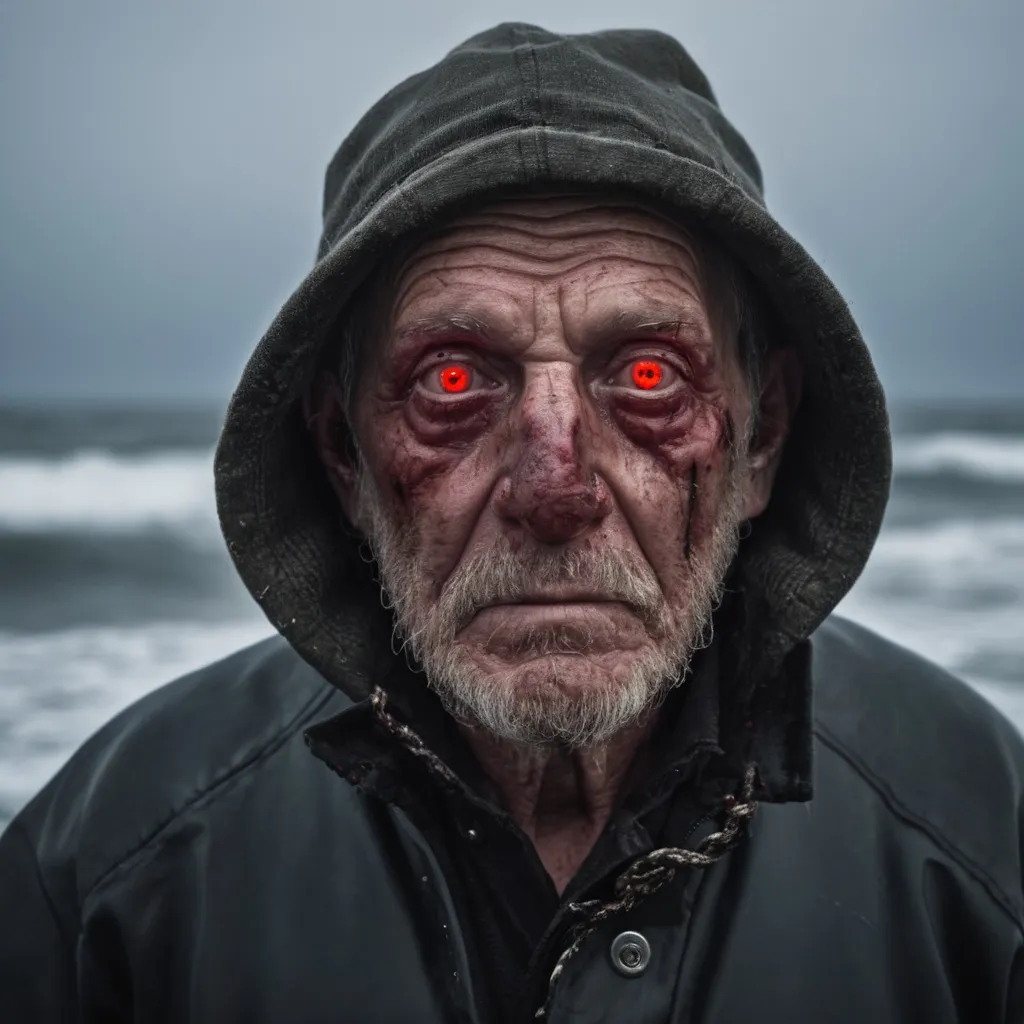 Prompt: 60 year old fisherman with a disfigured face red glowing g eyes witha hook for hand. O. A dark fogg6 north Atlantic Beach. Photo realistic. Perfect cinematography.