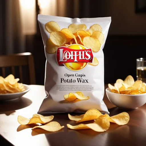 Prompt: Open bag of potato chips  , ear wax flavour, back lit, photo-realistic, set on a romantic dinner table