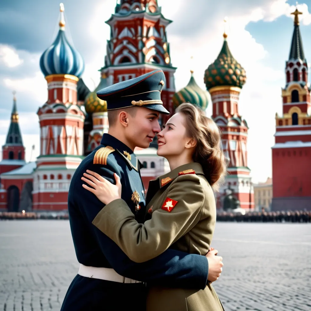 Prompt: Photo realistic of a young Russian soldier proposing in Red Square, 1944, detailed military uniform, emotional expression, happy tears, civilian girlfriend in 22 years old, historically accurate fashion, prominent Red Square architecture, nuclear explosion cloud background, World War 2 tank in midground, 