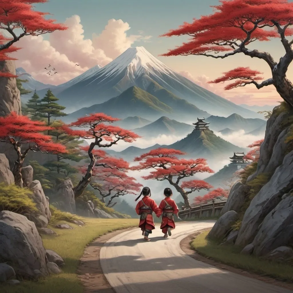 Prompt: 
Create an intricate tattoo design featuring a grand mountain with snow-capped peaks as the backdrop. The sky transitions from dawn to dusk, casting a warm glow over the scene. In the foreground, a winding road winds through a dense forest with diverse trees and one red Japanese bonsai tree forming a natural canopy. Positioned near the center-left, a small boy and a small girl joyfully run towards the mountain facing backwards. parents are following them on the road , dressed in traditional armor as Asian warriors, walk attentively, gazing towards the mountain or forward along the path. The design should be detailed with realistic textures and shading, seamlessly blending all elements into a unified and evocative scene.
