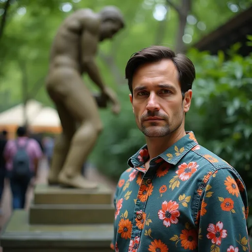 Prompt: A man stands prominently in the foreground, his serious expression contrasting with the vibrant pattern of his floral shirt. Behind him, a textured stone sculpture depicting a figure in a dramatic pose adds an artistic flair to the scene, surrounded by lush greenery and illuminated by diffused natural light. The backdrop hints at a lively outdoor environment, with hints of people visible in soft focus among the trees, suggesting a park or public space. The color palette is rich with greens from the foliage and earthy tones from the sculpture, creating a warm, inviting atmosphere that invites curiosity about the surroundings. The overall mood reflects a blend of contemplation and engagement with the environment.