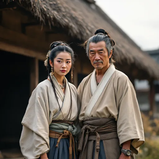Prompt: A 40 year old peasant woman of the Ashikaga Shogunate in Japan is standing with her father  in front of a village hut in 1400AD. She is wearing Ashikaga skirts of the period.   She has her hair in the Ashikaga style and is wearing Ashikaga facial and body make-up and jewellery.
