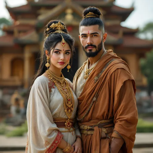 Prompt: A 25 year old peasant girl of the Kingdom of Ava in 1450AD in Burma is standing with herhusband in front of a temple.. She is wearing Ava Burmese clothing of the period. She has her hair in the Ava Burmese style and is wearing Ava Burmese facial and body make-up and jewellery.