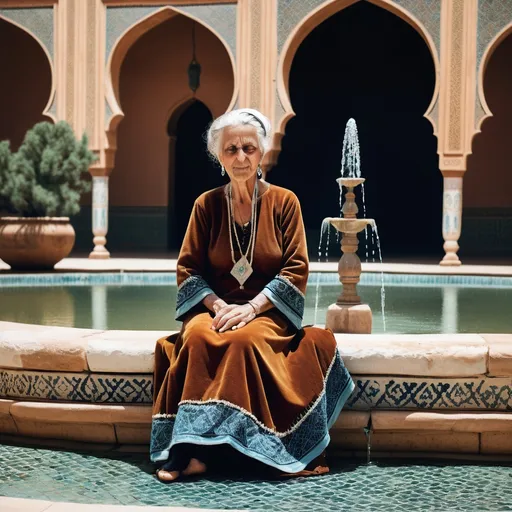 Prompt: A 70 year old woman sits by a fountain in the courtyard of a palace in Saadi Dynasty Morocco in 1350AD. She has Moroccan style hair of the period. She is wearing Saadi Moroccan style skirts of the period.  She wears Saadi Moroccan style facial and body jewellery and makeup.