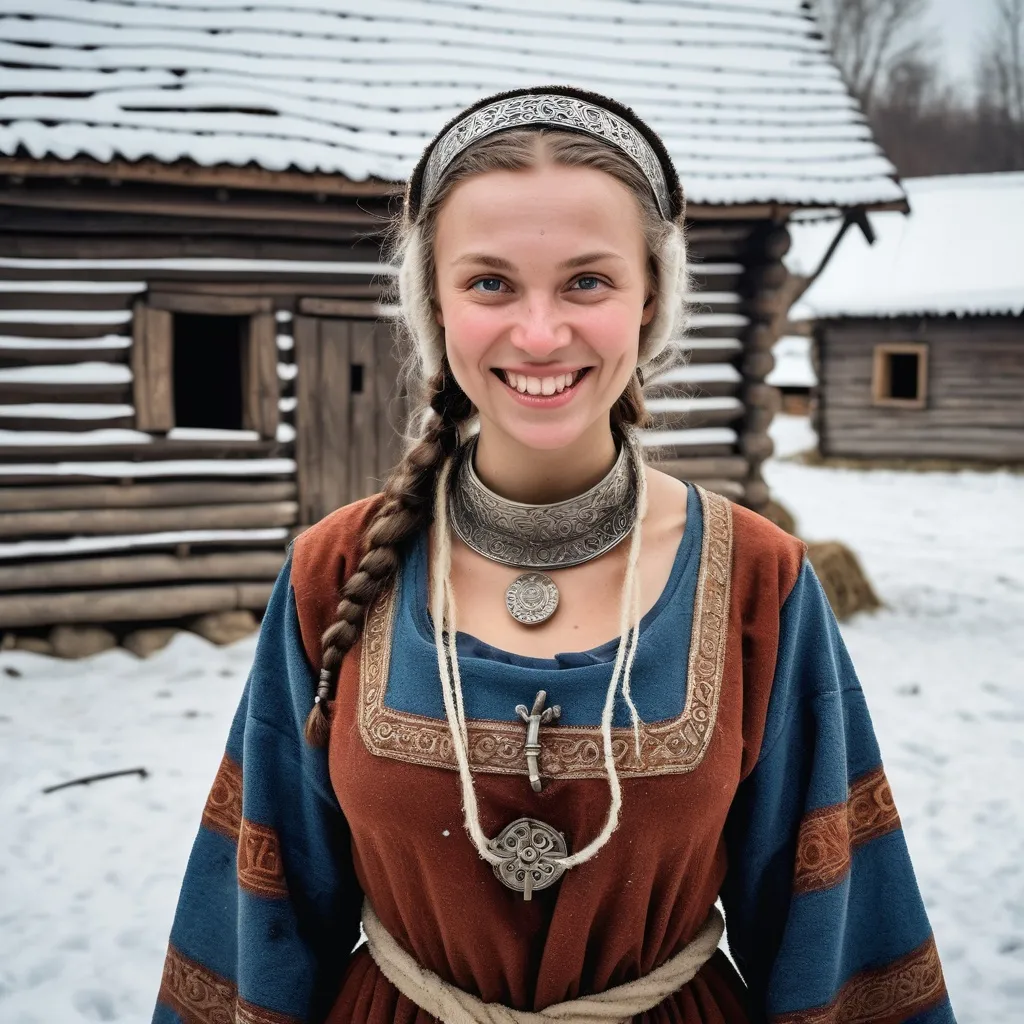 Prompt: A full length image of a smiling 30 year old woman of Kievan Rus in mediaeval Ukraine in 1050AD standing in a woooden village in the snow. She has hair done in the Rus style,. She is wearing Kievan Rus  clothing of the period. She is wearing Kievan Rus face and body jewellery and make-up..