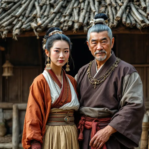 Prompt: A 50 year old peasant woman of the Ashikaga Shogunate in Japan is standing with her father  in front of a village hut in 1400AD. She is wearing Ashikaga skirts of the period.   She has her hair in the Ashikaga style and is wearing Ashikaga facial and body make-up and jewellery.
